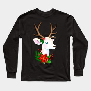 White Christmas Reindeer with Brown Antlers Long Sleeve T-Shirt